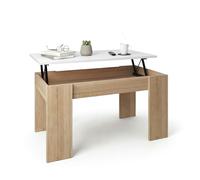 duehome | Mesa de Centro elevable, Mesita de Salón Comedor, Acabado en Roble Canadian y Blanco Artik, Modelo Norak, Medidas: 90 cm (Largo) x 50 cm (Ancho) x 45-53,5 cm (Alto)