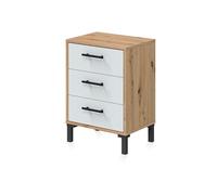 duehome | Mesita de Noche 3 cajones, Mesilla de Noche, Modelo Leia, Acabado en Blanco Artik y Roble Canadian Medidas: 40 cm (Largo) x 33 cm (Fondo) x 55 cm (Alto)