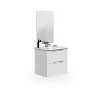 duehome | Mueble de Baño Suspendido con 2 Cajones y Espejo, Modulo Colgante, Modelo Nexa, Acabado en Blanco Brillo y Roble, Medidas: 60 cm (Ancho) x 57 cm (Alto) x 45 cm (Fondo)