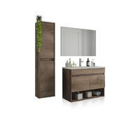 duehome | Mueble de Baño Suspendido con 2 Puertas, Espejo, Lavabo Cerámico y Columna Suspendida, Modulo Colgante, Modelo Thai, Acabado en Nordik, Medidas: 80 cm (Ancho) x 64 cm (Alto) x 45 cm (Fondo)