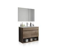duehome | Mueble de Baño Suspendido con 2 Puertas, Espejo y Lavabo Cerámico, Modulo Colgante, Modelo Thai, Acabado en Nordik, Medidas: 80 cm (Ancho) x 64 cm (Alto) x 45 cm (Fondo)