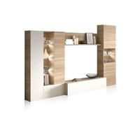 duehome | Mueble de Comedor con Leds, Mueble Salon, Modelo Vinter Leds, Acabado en Blanco Brillo y Roble Canadian, Medidas: 260 cm (Ancho) x 185 cm (Alto) x 42 cm (Fondo)