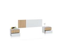 duehome | Pack Cabecero y 2 Mesitas de Noche, Dormitorio Doble, Dormitorio Completo, Modelo Nitza, Acabado en Blanco Artik y Natur