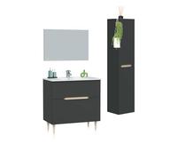 duehome | Pack de Baño Completo, Módulo con Almacenaje + Espejo + Lavamanos y Columna Suspendida, Modelo Opera, Acabado en Antracita y Roble