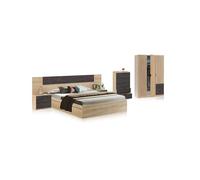 duehome | Pack de Dormitorio con Cabecero + 2 mesitas de Noche, Comoda, Armario Doble y Cama Doble, Conjunto de Dormitorio, Modelo Akari 5C MAX, Acabado en Roble Canadian y Oxido