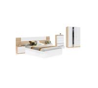 duehome | Pack de Dormitorio con Cabecero + 2 mesitas de Noche, Comoda, Armario Doble y Cama Doble, Conjunto de Dormitorio, Modelo Akari 5C MAX, Acabado en Blanco Artik y Roble Canadian
