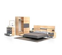 duehome | Pack de Dormitorio con Cabecero + 2 mesitas de Noche + Comoda + Espejo + Armario y Cajonera Interior, Dormitorio Completo, Modelo Ataneq Pure 4c Plus, Acabado en Cambria y Grafito