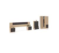 duehome | Pack de Dormitorio con Cabecero + 2 mesitas de Noche, Comoda y Armario Doble, Conjunto de Dormitorio, Modelo Akari 5C Plus, Acabado en Roble Canadian y Oxido