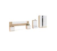 duehome | Pack de Dormitorio con Cabecero + 2 mesitas de Noche, Comoda y Armario Doble, Conjunto de Dormitorio, Modelo Akari 5C Plus, Acabado en Blanco Artik y Roble Canadian