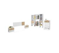 duehome | Pack de Dormitorio con Cabecero + 2 mesitas de Noche + Comoda y Armario vestidor, Conjunto de Dormitorio, Modelo Nitza 5C Plus, Acabado en Blanco Artik y Roble Natur