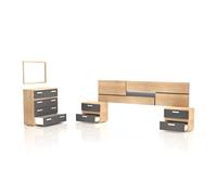 duehome Pack de Dormitorio con Cabecero + 2 mesitas de Noche + Comoda y Espejo, Conjunto de Dormitorio, Dormitorio Completo, Modelo Ataneq Pure 4c, Acabado en Cambria y Grafito, Grande
