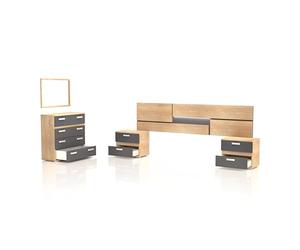 duehome Pack de Dormitorio con Cabecero + 2 mesitas de Noche + Comoda y Espejo, Conjunto de Dormitorio, Dormitorio Completo, Modelo Ataneq Pure 4c, Acabado en Cambria y Grafito, Grande