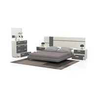 DUEHOME | Pack de Dormitorio con Cabecero + 2 Mesitas de Noche + Comoda y Espejo, Conjunto de Dormitorio, Modelo Ataneq Air 4c, Acabado en Blanco y Grafito, CP_ATANEQAIR4C