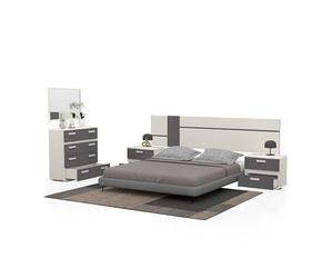 DUEHOME | Pack de Dormitorio con Cabecero + 2 Mesitas de Noche + Comoda y Espejo, Conjunto de Dormitorio, Modelo Ataneq Air 4c, Acabado en Blanco y Grafito, CP_ATANEQAIR4C