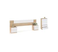 duehome | Pack de Dormitorio con Cabecero + 2 mesitas de Noche y Comoda, Conjunto de Dormitorio, Modelo Akari 5C, Acabado en Blanco Artik y Roble Canadian