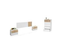 duehome | Pack de Dormitorio con Cabecero + 2 mesitas de Noche y Comoda, Conjunto de Dormitorio, Modelo Nitza 5C, Acabado en Blanco Artik y Roble Natur