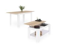duehome | Pack de Mesa de Comedor y Mesa de Centro Elevable, Conjunto de Salon, Modelo Sira y LYA 140, Acabado en Blanco Artik y Roble Canadian