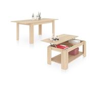 duehome | Pack de Mesa de Comedor y Mesa de Centro Elevable, Conjunto de Salon, Modelo Sira y LYA 140, Acabado en Roble Canadian