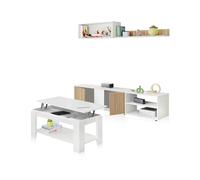 duehome | Pack de Salon con Modulo TV + Mesa de Centro, Conjunto de Salon, Modelo Alix Plus V1, Acabado en Blanco Artik, y Natur