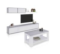 duehome | Pack de Salon con Modulo TV + Mesa de Centro Elevable, Conjunto de Salon, Modelo Arlet Plus V1, Acabado en Blanco Artik y Cemento
