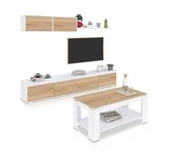 duehome | Pack de Salon con Modulo TV + Mesa de Centro Elevable, Conjunto de Salon, Modelo Arlet Plus V1, Acabado en Blanco Artik, y Roble Canadian