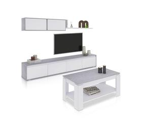 duehome | Pack de Salon con Modulo TV + Mesa de Centro Elevable, Conjunto de Salon, Modelo Arlet Plus V1, Acabado en Blanco Artik y Cemento