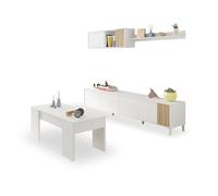 duehome | Pack de Salon con Modulo TV + Mesa de Centro Elevable, Conjunto de Salon, Modelo Nitza Plus V2, Acabado en Blanco Artik y Natur