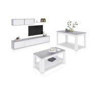 duehome | Pack de Salon con Modulo TV + Mesa de Centro Elevable y Mesa de Comedor, Conjunto de Salon, Modelo Arlet MAX V1, Acabado en Blanco Artik y Cemento