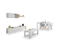 duehome | Pack de Salon con Modulo TV + Mesa de Centro Elevable y Mesa de Comedor, Conjunto de Salon, Modelo Nitza MAX V1A, Acabado en Blanco Artik y Natur