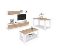 duehome | Pack de Salon con Modulo TV + Mesa de Centro Elevable y Mesa de Comedor, Conjunto de Salon, Modelo Arlet MAX V1, Acabado en Blanco Artik y Roble Canadian