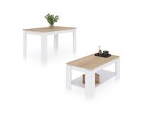 duehome - Pack mesa de comedor 140 y mesa de centro Lya Artik white - canadian oak