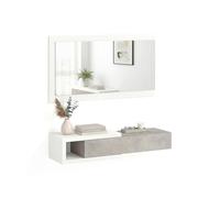 duehome | Recibidor con Cajón y Espejo, Mueble de Entrada, Modelo Derek, Acabado en Blanco Artik y Gris Cemento, Medidas: 95 cm (Ancho) x 19 cm (Alto) x 26 cm (Fondo)