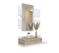 duehome | Recibidor con cajón y Espejo, Mueble de Entrada, Modelo Milo, Acabado en Blanco Artik y Roble Canadian, Medidas: 75 cm (Largo) x 29 cm (Fondo) x 116 cm (Alto)