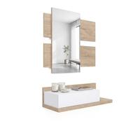 duehome | Recibidor con cajón y Espejo, Mueble de Entrada, Modelo Milo, Acabado en Roble Canadian y Blanco Artik, Medidas: 75 cm (Largo) x 29 cm (Fondo) x 116 cm (Alto)
