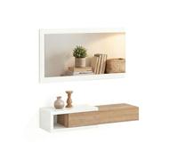 duehome Recibidor Suspendido Derek, Reversible, con Cajón y Espejo | Mueble de Entrada, Blanco Artik y Roble Canadian, Tablones 3 cm, Interior Textil, Guías Metálicas, 95 x 25,2 x 19 cm