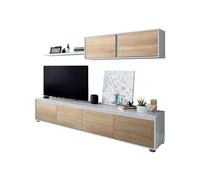 Duehome - Salón Alida | Mueble de Salón-comedor 3 Piezas | Bajo de TV 2m | Módulo Colgante | Estantería Exterior Artik white (matte white) - canadian oak