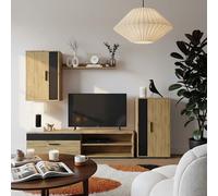 duehome - Salón modular Lunet 190 cm: mueble tv + armario bajo + armario alto colgante + estantería mural, ideal para espacios contemporáneos, fácil montaje y servicio post-venta 100% satisfacción Alp
