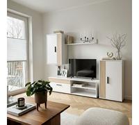 duehome - Salón modular Lunet 190 cm: mueble tv + armario bajo + armario alto colgante + estantería mural, ideal para espacios contemporáneos, fácil montaje y servicio post-venta 100% satisfacción Bla