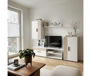 duehome - Salón modular Lunet 190 cm: mueble tv + armario bajo + armario alto colgante + estantería mural, ideal para espacios contemporáneos, fácil montaje y servicio post-venta 100% satisfacción Bla