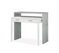 duehome | Zira, Escritorio Consola, Mesa Estudio, Consola Extensible, Acabado en Blanco Artik y Cemento, Medidas: 98,5 cm (Largo) x 30-66 cm (Fondo) x 87,5 cm (Alto)