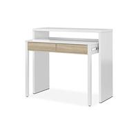 duehome | Zira, Escritorio Consola, Mesa Estudio, Consola Extensible, Acabado en Blanco Artik y Roble Canadian, Medidas: 98,5 cm (Largo) x 30-66 cm (Fondo) x 87,5 cm (Alto)