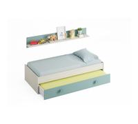 Habitdesign Cama Nido Juvenil Kendra, Conjunto 2 Camas + Estante de Pared, Dormitorio Infantil para Niños, Color Blanco Alpes y Verde Acqua, Medidas: 201x43x98 cm