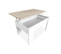 Duérmete Online, Mesa de Centro Elevable, Mesita de Salón o Comedor, Acabado en Color Blanco con Tapa Cambria, Medidas, 90 cm (Ancho) x 50 cm (Fondo) x 46, 57 cm (Alto), Madera, 90 x 50 x 46, 57 cm
