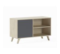 Duérmete online - Mueble TV con puerta izquierda, salón comedor, Modelo WIND, melamina de alta calidad, medidas 95x40x57cm de altura. Oak/black