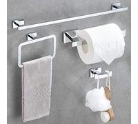 DUFU Juego de Accesorios de Baño 4 en 1 Acero Inoxidable - Toallero Bar 40cm + Soporte para Papel Higiénico + Anillo + Ganchos | Perforación | Plata Brillante