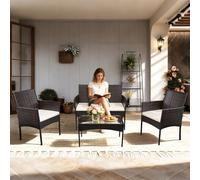 Duisrech Juego de muebles de jardín de polirratán, 4 piezas, juego de muebles de balcón con mesa de cristal, 2 sillones y sofá de 2 plazas, grupo de asientos compacto con cojines de 5 cm para balcón