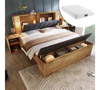 DUlVBPE Cama de matrimonio de 160 x 200 cm de madera con cabecero plegable de tela de lino, espacio de almacenamiento, dos mesitas de noche, banco con espacio de almacenamiento, lámparas de lectura