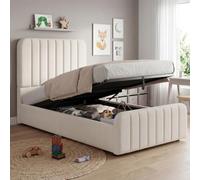 DUlVBPE Cama tapizada, cama individual, cuna 90 x 200 cm, cama hidráulica funcional cama con somier, cabecero y gran espacio de almacenamiento, cabecero tapizado, color beige