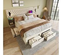 DUlVBPE Juego completo de cama para dormitorio, cama doble tapizada de 180 x 200 cm, con 2 mesitas de noche y 4 cajones, cabecero de luz de lectura con función de carga USB, beige, terciopelo (sin