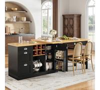 DUlVBPE Mesa de bar multifuncional con espacio de almacenamiento, isla de cocina extensible con estante para vino y cajón, asas de metal, mesa de cocina plegable giratoria de 360°, carrito de servicio